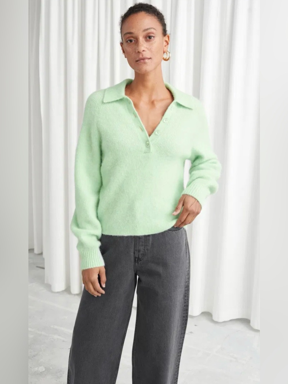 & OTHER STORIES Collared Wool Blend Ribbed Sweater in Light Green Size Medium